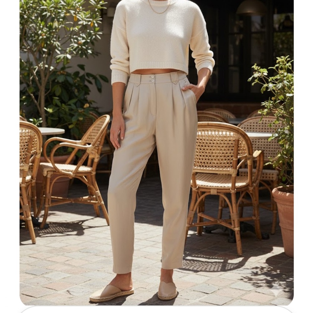 Liz Claiborne Cream High-Waist Pleated Tapered Trousers size 10